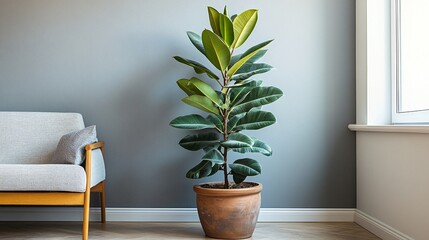 Fototapeta premium Minimalist living room with rubber tree plant and modern armchair in sunlight