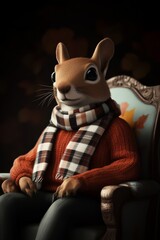 Fototapeta premium A whimsical, anthropomorphic squirrel sits comfortably in an ornate chair, wearing a cozy sweater and scarf, exuding a charming and relaxed vibe.