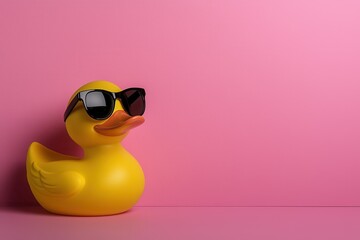 Rubber duck wearing sunglasses against pink background