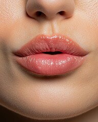 Fototapeta premium Close-up of woman's lips with glossy pink lipstick