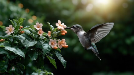 Fototapeta premium Hummingbird feeding on flowers in garden