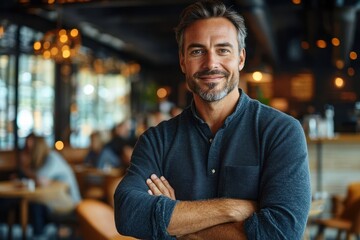 Fototapeta premium Confident Mature Businessman in Modern Cafe with Chiaroscuro Lighting