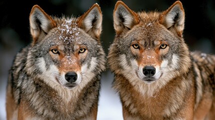 Fototapeta premium Two majestic wolves staring intensely into the camera, snow on their fur