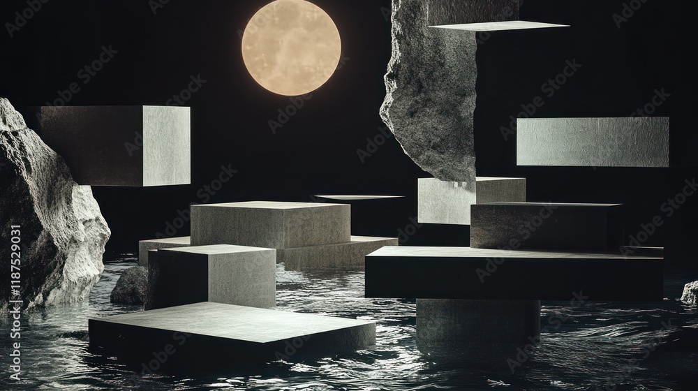 Poster abstract composition of floating blocks and moonlight.