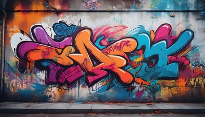 Vibrant Urban Graffiti Art Adorning a WornOut Concrete Wall in the Heart of the City, Showcasing Street Art Culture with Rich Colors and Textures.