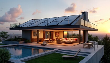 Obraz premium Modern eco-friendly house with solar panels on rooftop. Open-plan living area with large windows overlooking pool, city view. Stylish patio furniture. Luxury residence. Sustainable design. Passive