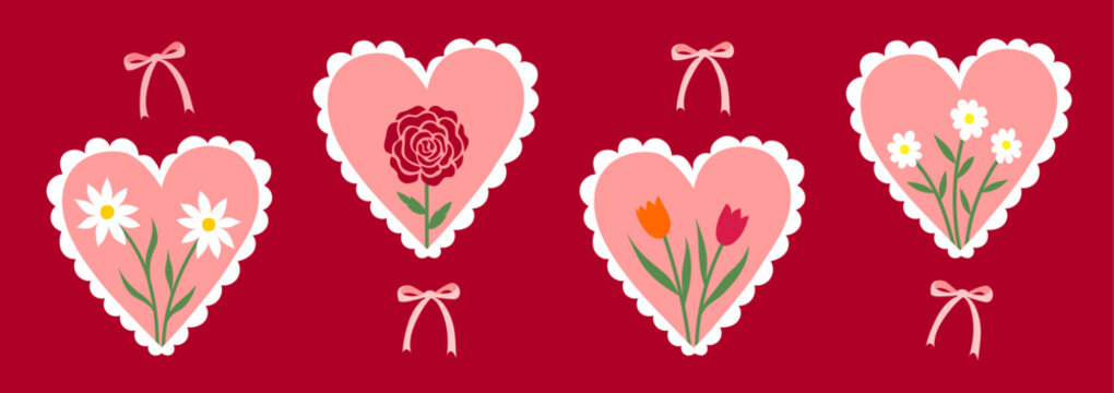 Cute heart and floral designs with ribbons, perfect for Valentine's Day, Mother's Day, anniversaries, and celebrating love. Red background vector illustration.
