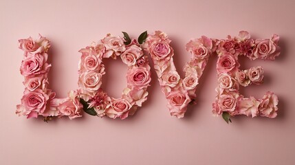 Floral typography spelling LOVE with pink and blush roses arranged on a soft pink background