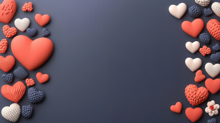 A luxurious vector design featuring a variety of textured hearts in coral, ivory, and gray tones arranged along the left edge of a dark navy background.