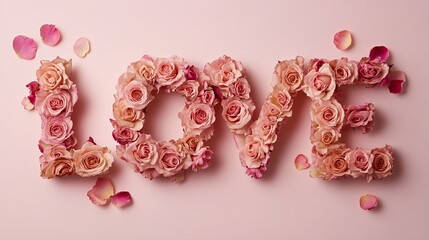 Floral typography spelling LOVE with pink and blush roses arranged on a soft pink background