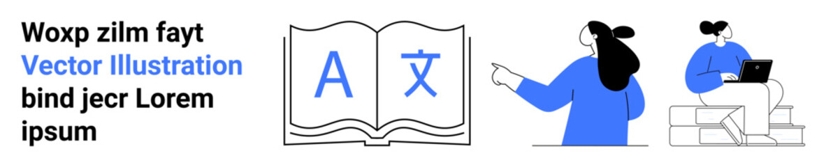 Open book with language symbols, person pointing at symbols, woman sitting with laptop. Ideal for education, language courses, e-learning, educational platforms, online tutoring, virtual classrooms