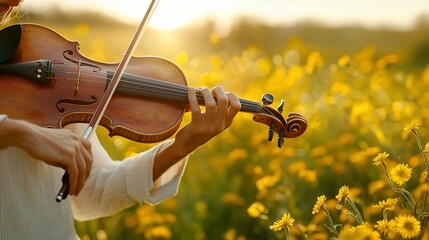 Woman playing violin in a sunny field of yellow flowers.