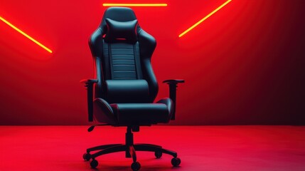 Furniture trendy luxury and innovative, A sleek black gaming chair set against a vibrant red background, featuring modern design elements and LED accents.
