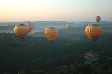 Obraz premium Hot Air Balloons Soaring Over Rolling Hills at Sunrise