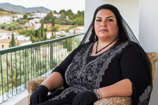 Fotograf&iacute;a de retrato de una mujer vestida de negro con velo y peineta de mantilla, sentada en una silla