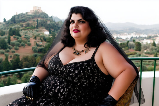 Fotograf&iacute;a de retrato de una mujer vestida de negro con velo y peineta de mantilla, sentada en una silla