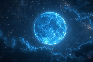 Fototapeta premium Glowing blue full moon in night sky with clouds and stars.