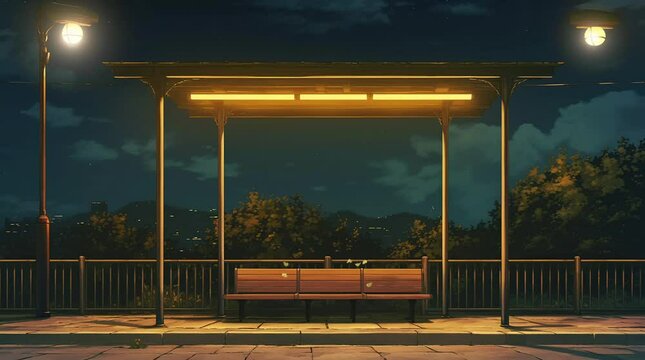 Bus stop on a quiet night illuminated by glowing lights, surrounded by a calm and serene atmosphere  
Seamless looping 4k time-lapse virtual video animation Generated AI