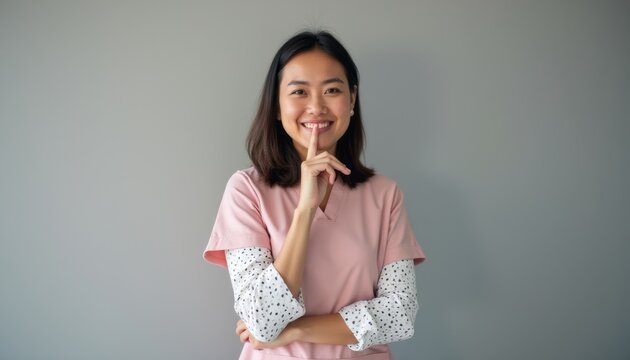 A cheerful young woman in pink scrubs stands confidently against a soft gray background, playfully signaling for silence with her finger to her lips. Her warm smile and relaxed posture convey a sense