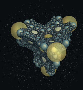 Tetraedro de Apolonio con fondo estrellado.  Ocho generaciones de esferas tangenciales al interior de un tetraedro.  Fondo negro salpicado de estrellas.  Las esferas tienen reflejos met&aacute;licos.