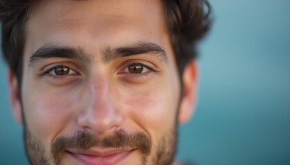 Obraz premium This close-up portrait features a young man with a warm smile and expressive brown eyes, radiating positivity and charm. The soft focus background enhances his features, creating an inviting and