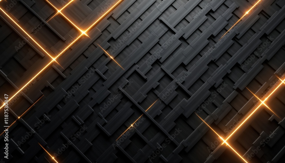 Poster Dark abstract metal background with bright golden light lines. Modern geometric shapes create stylish texture. Futuristic pattern looks like grid mesh structure. Great for tech business design