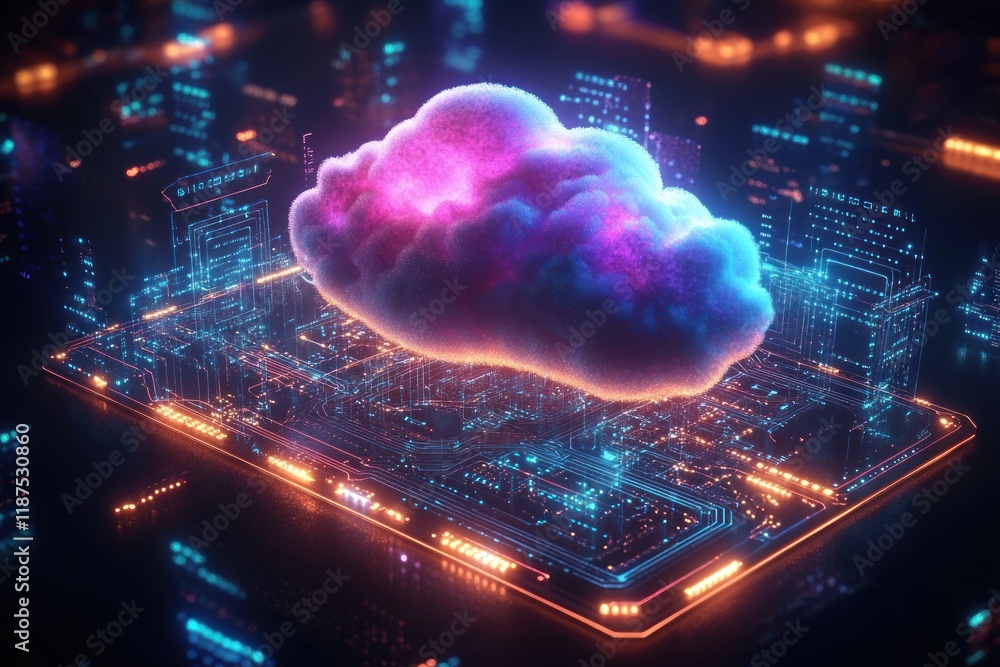 Poster futuristic digital cloud computing transfer for big data in cyberpunk style with neon lights and adv