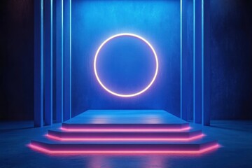 Fototapeta premium Minimalist Stage Design with Glowing Circular Light and Podium in Vibrant Blue Environment