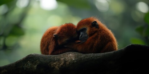 Obraz premium Two red-haired monkeys cuddle closely on a branch, showcasing their bond and affection, highlighting the beauty of animal relationships in the lush emerald jungles.