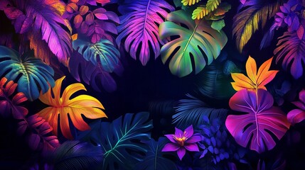 Vivid jungle foliage in neon psychedelic colors with glowing tropical leaves