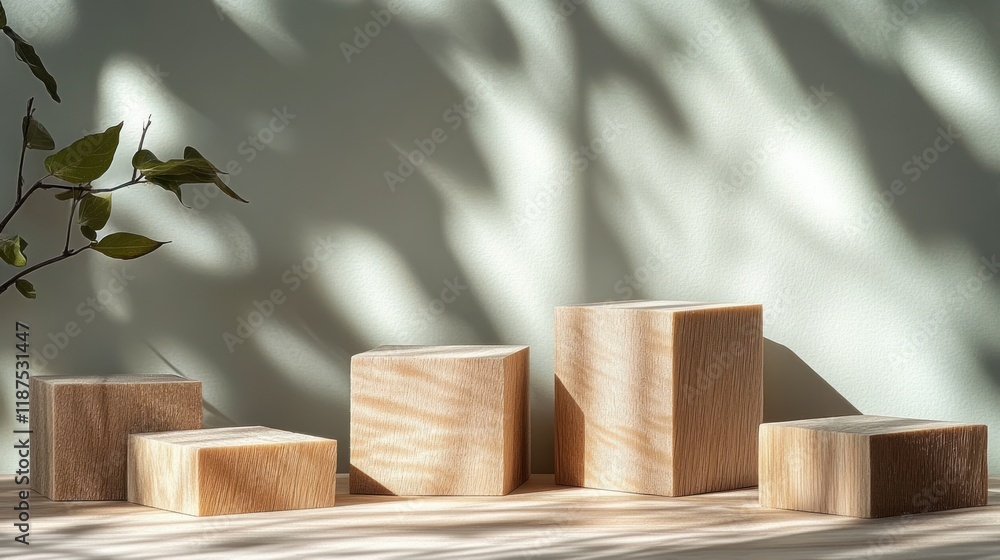 Poster minimalistic wooden block display for eco and organic product showcase with soft natural lighting an