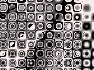 Abstract grayscale pattern, concentric circles in squares, retro design, seamless texture.