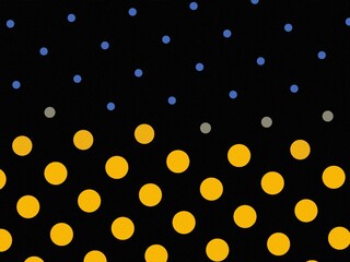 Abstract polka dot pattern, yellow, blue, and gray circles on black background, modern design.