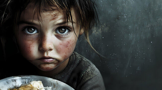 Hungry, starving, poor little child looking at the camera. Starweave. Illustration