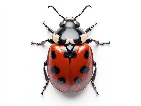 Red ladybug beetle isolated on white background, studio shot, insect macro, nature photography, educational use.