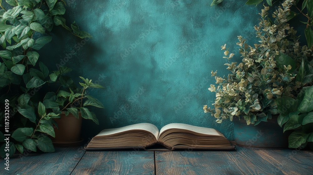 Poster an open book surrounded by lush greenery on a wooden table against a textured teal background creati