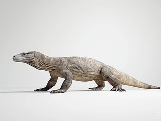 Fototapeta premium Komodo dragon walking, studio shot, white background, wildlife.