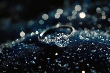 Macro shot of a diamond engagement ring with sparkling crystals on a midnight blue background
