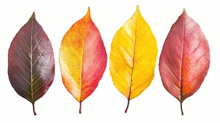 Autumnal Symphony: A quartet of colorful autumn leaves, showcasing a spectrum of vibrant hues, are elegantly displayed. capturing the ephemeral beauty of fall foliage
