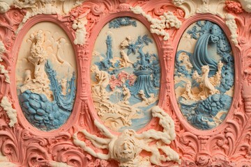 Fototapeta premium A frame houses a handmade tapestry of landscapes, displayed on a wall with vintage wallpaper