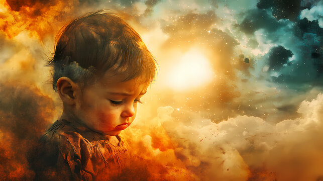 Sad baby starving child on battlefield from war torn country sun in the clouds brings hope. Starweave. Illustration