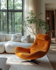 Modern minimalist living room with vibrant orange chair and white sofa in cozy interior design