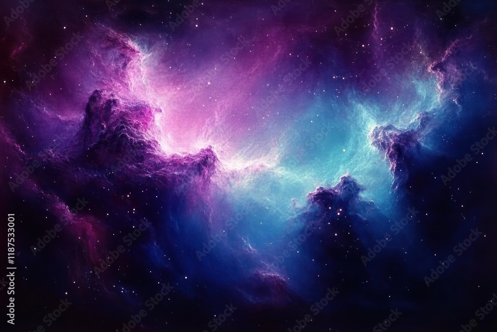 Poster cosmic nebula swirling in deep purples and blues ethereal space background with supernova stars and 