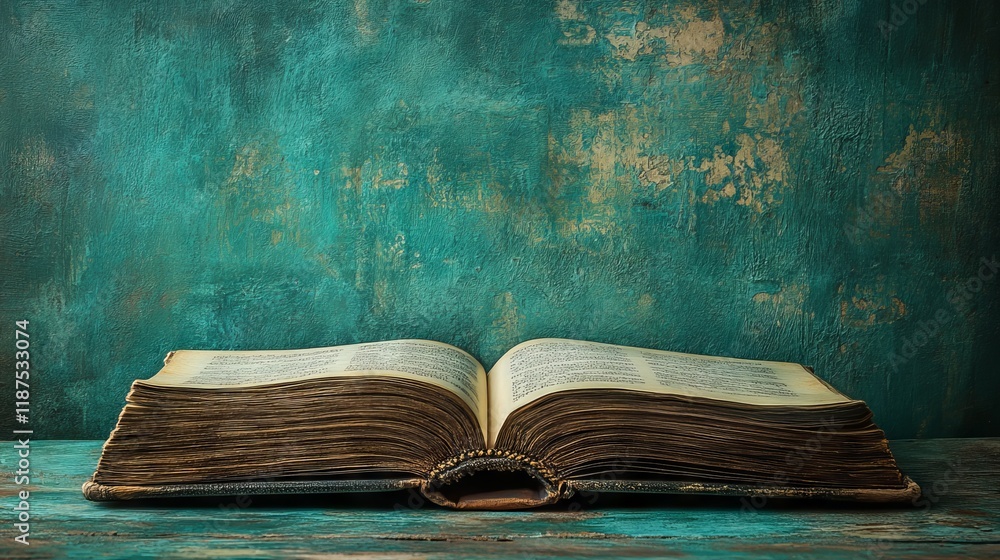 Poster an open book on a rustic teal table with a textured teal background suggesting ancient knowledge and