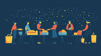Volunteer team, distributing food, flat design illustration. Starweave. Illustration