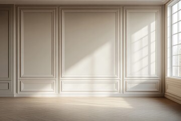 Minimalist beige interior with elegant moldings and soft natural light