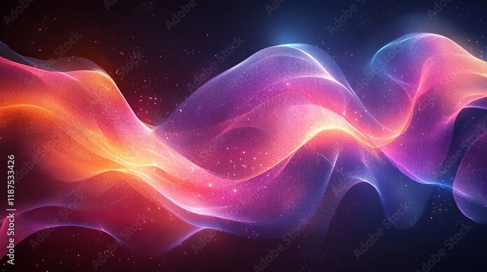 Poster abstract cosmic flow with vibrant color gradients and sparkling particles against a dark background