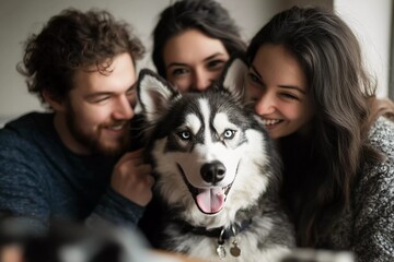 Couple enjoys a joyful moment with their pet dog while smiling at the camera indoors