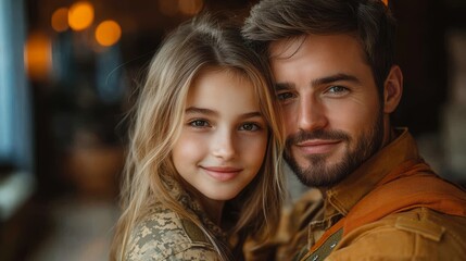 Fototapeta premium A Soldier,s Tender Moment a Father and Daughter Bond in Uniforms Sharing a Smile During a Time of Duty and a Shared Connection