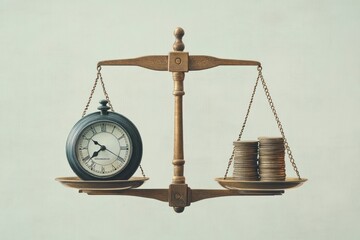 Surreal Illustration of Time and Money Balance Concept with Scale, Clock and Coins